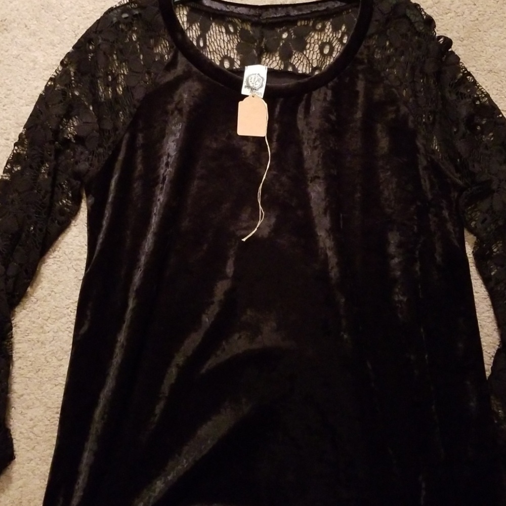 Black velvet top with lace bell sleeves